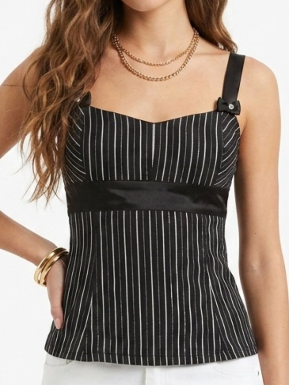Dynamite Y2K Pinstripe Black Babydoll Top Bows Mall Goth Tank Office Siren Sz 9